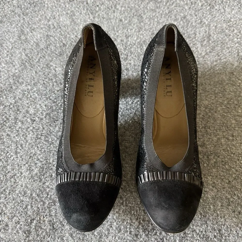 ANYI LU Black Textured Leather Slip-On Block Heel Pump Ribbon Animal Print 7